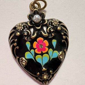 Vintage Floral black enameled Heart pendant